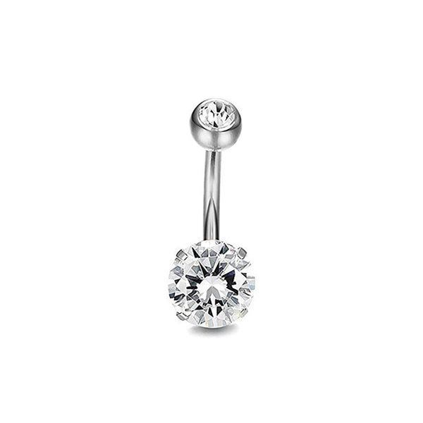 Round Clear CZ Silver Stainless Steel Belly Bar