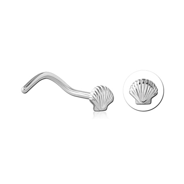 Scallop Shell Silver Stainless Steel Curved Screw Nose Stud