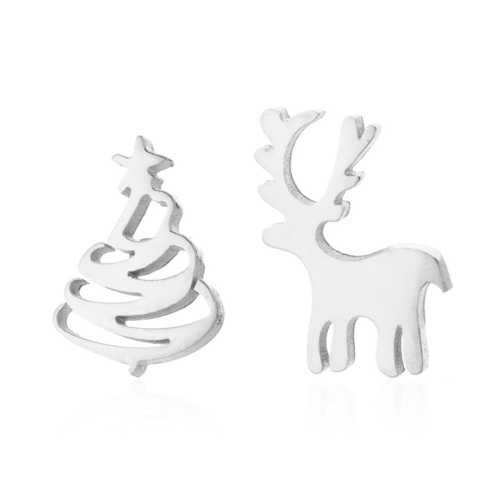 Christmas Tree Reindeer Silver Stainless Steel Stud Earrings