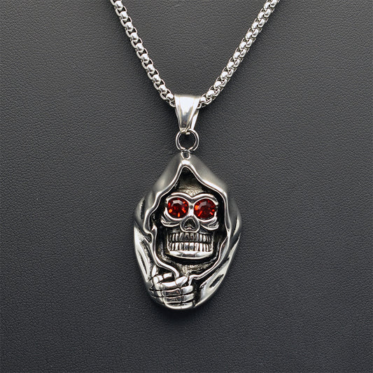 Skeleton Face Hood Red CZ Silver Stainless Steel Box Chain Necklace