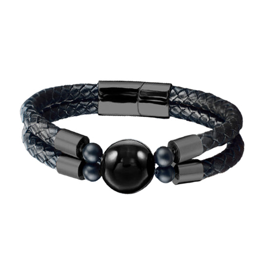 Stainless Steel Black Agate Gemstone PU Leather Bracelet