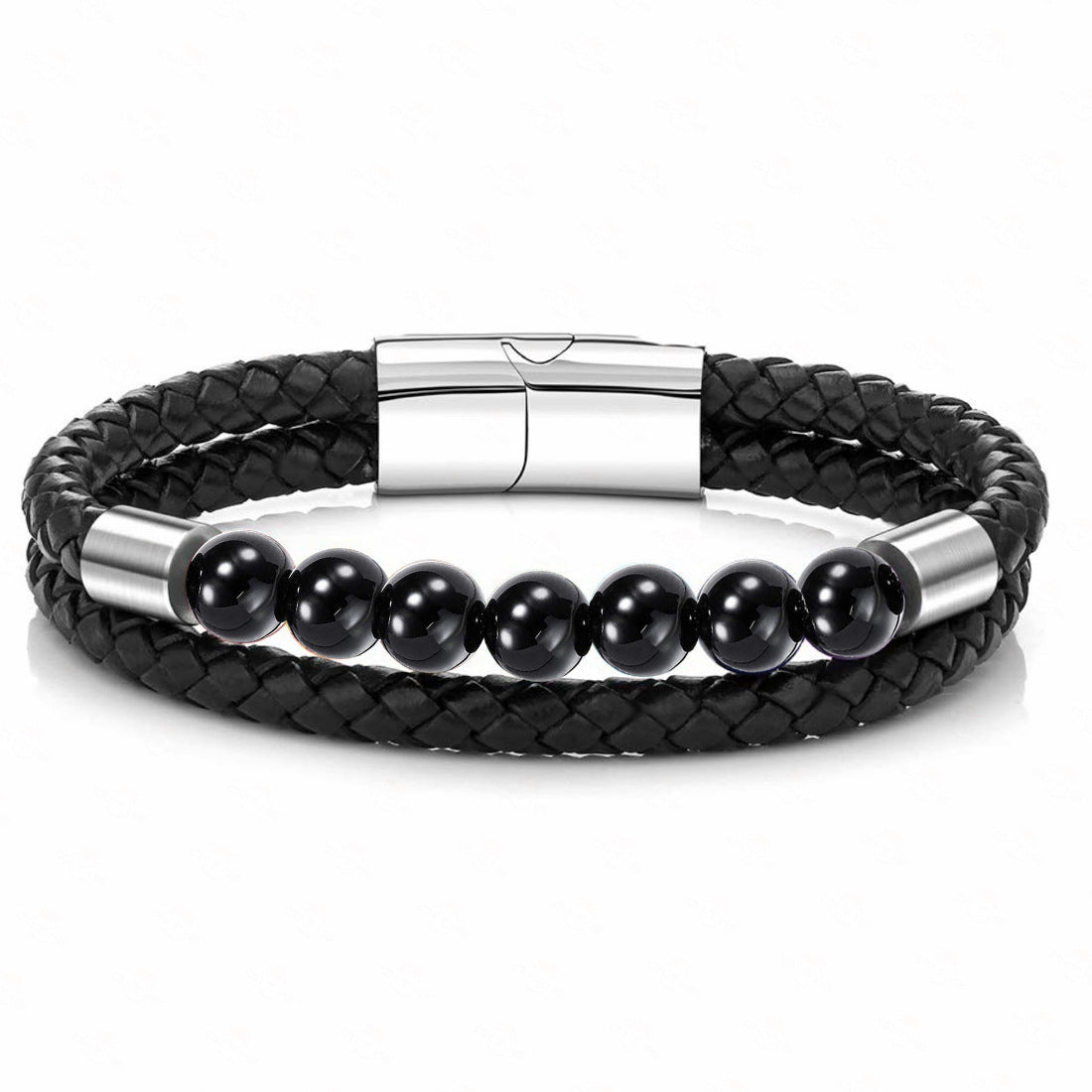 Stainless Steel Black Agate Gemstone PU Leather Bracelet