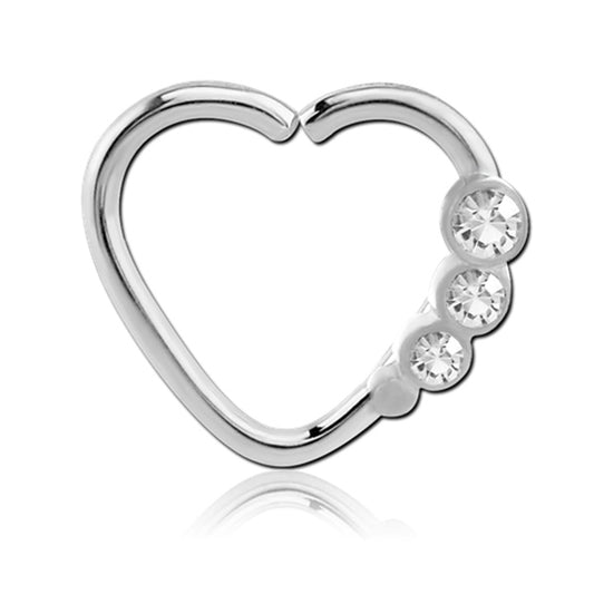 Heart Clear CZ Left Ear Silver Stainless Steel Seamless Daith Ring