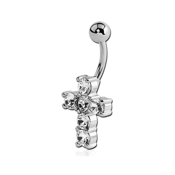 Cross Clear CZ Silver Stainless Steel Belly Bar