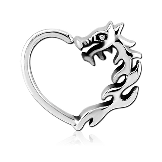 Dragon Heart Left Ear Silver Stainless Steel Seamless Daith Ring