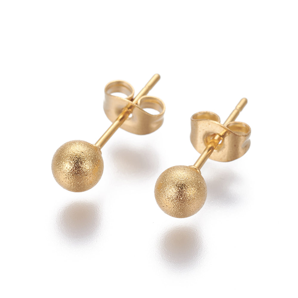 Frosted Round Ball Golden Stainless Steel Stud Earrings