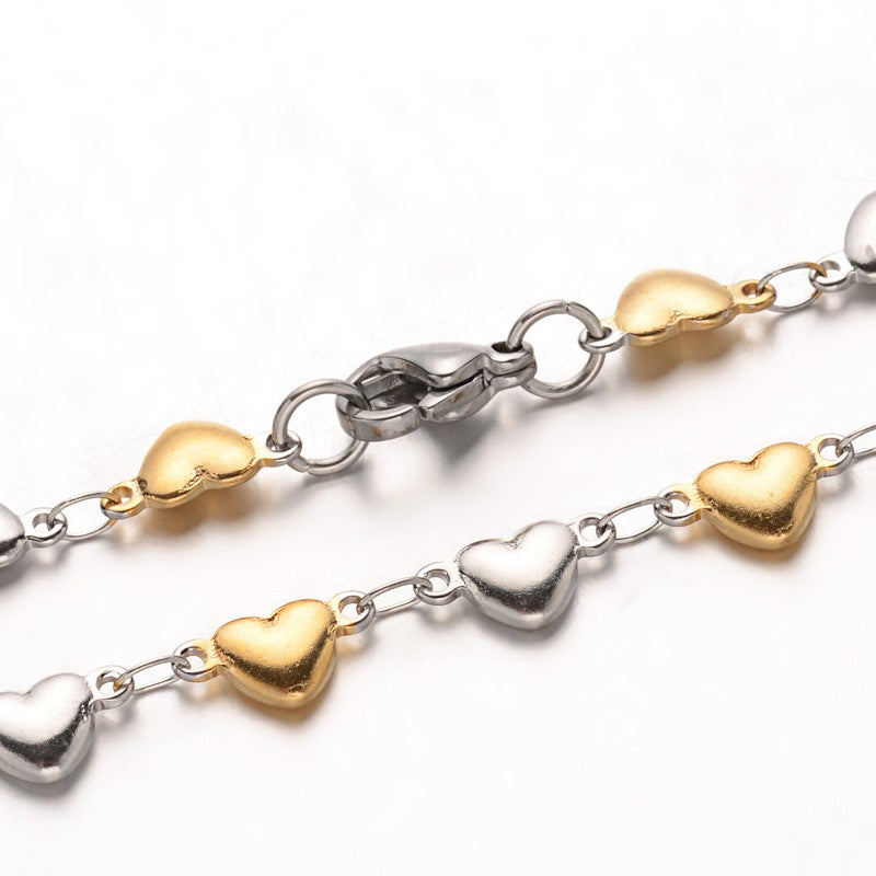 Stainless Steel Golden Silver Hearts Chain Bracelet