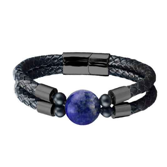 Stainless Steel Lapis Lazuli Gemstone PU Leather Bracelet