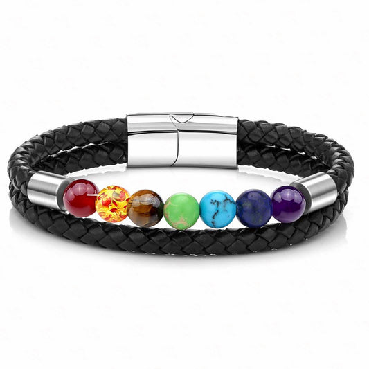 Stainless Steel Multi Colour Gemstone PU Leather Bracelet
