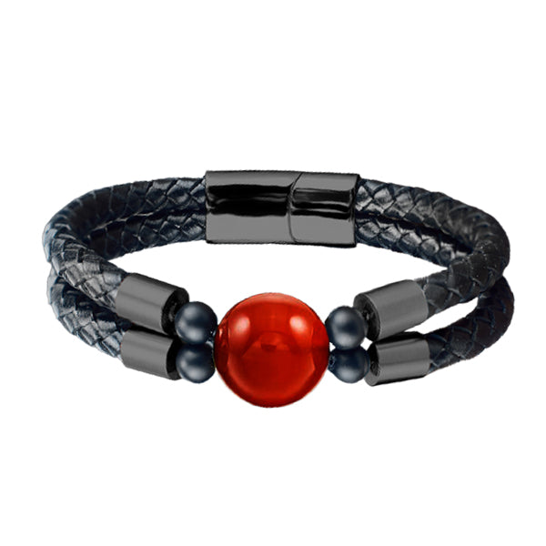 Stainless Steel Red Agate Gemstone PU Leather Bracelet