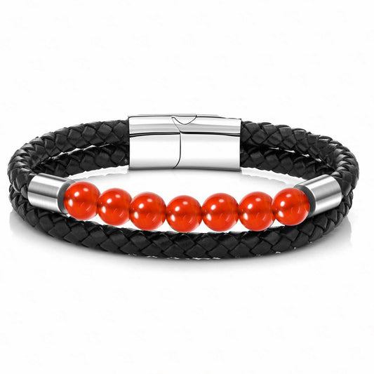 Stainless Steel Red  Agate Gemstone PU Leather Bracelet
