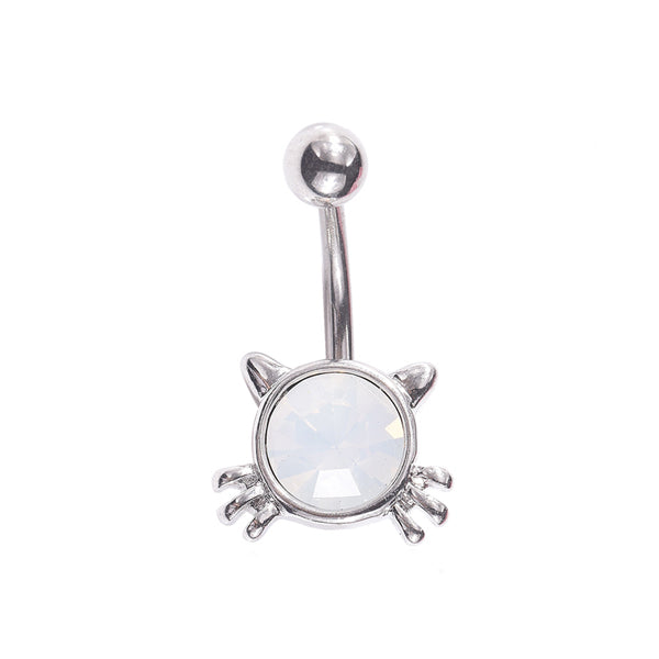 Cat Face Milky White CZ Silver Stainless Steel Belly Bar