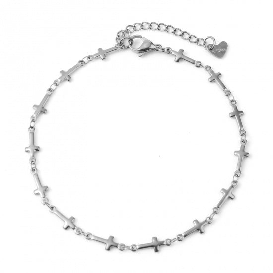Cross Chain Silver Stainless Steel Anklet