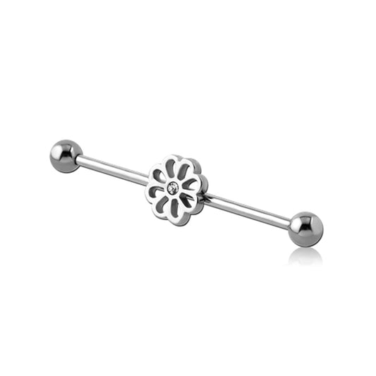 Flower Clear CZ Silver Stainless Steel Industrial Scaffold Barbell