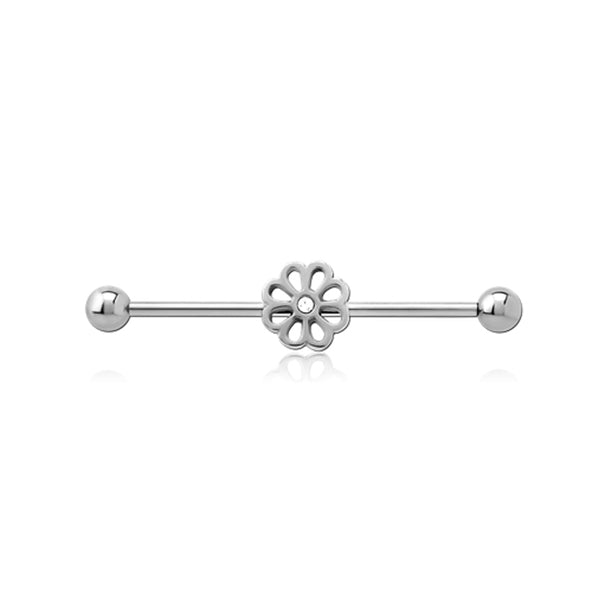 Flower Clear CZ Silver Stainless Steel Industrial Scaffold Barbell