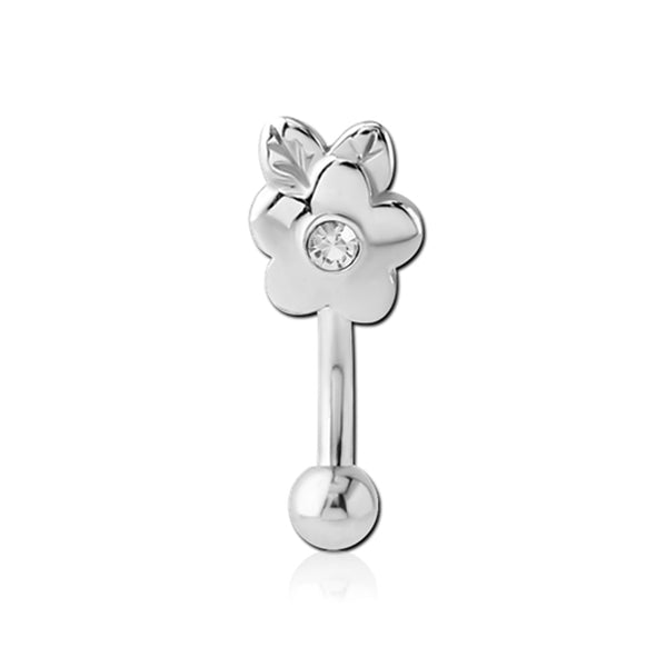 Flower Clear CZ Silver Stainless Steel Micro Curved Barbell