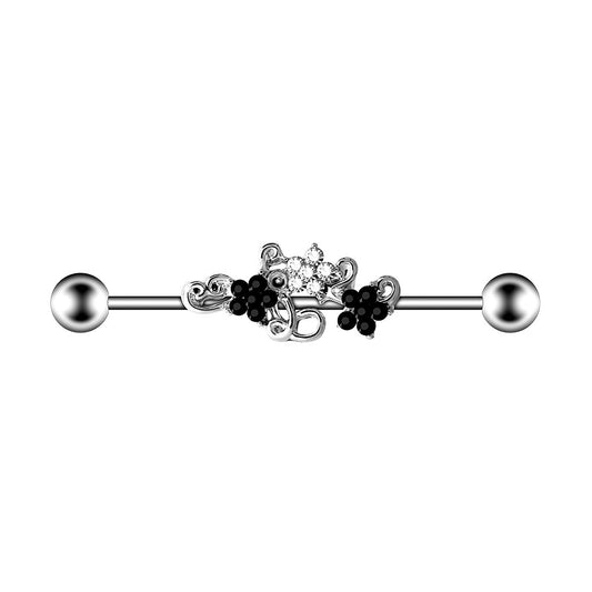 Flowers Black Clear CZ Silver Stainless Steel Industrial Scaffold Barbell