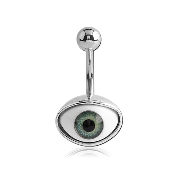 Green Eyeball Oval Silver Stainless Steel Belly Bar