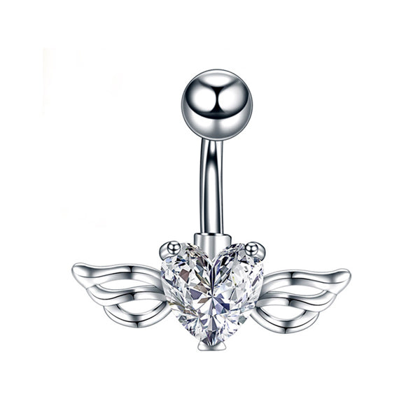 Heart Wings Clear CZ Silver Stainless Steel Belly Bar