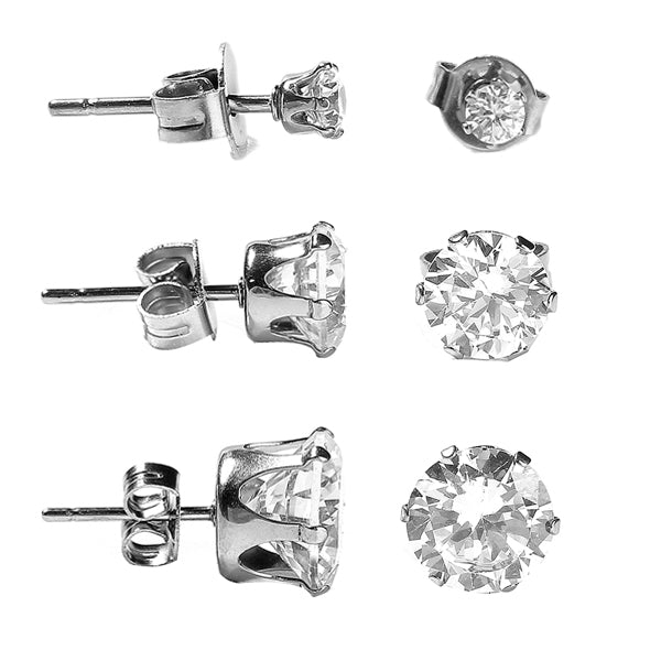 Round Clear CZ Silver Stainless Steel Stud Earrings 3|5|8mm