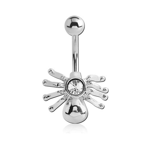 Spider Clear CZ Silver Stainless Steel Belly Bar