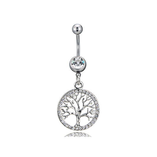 Tree Of Life Clear CZ Silver Stainless Steel Belly Bar