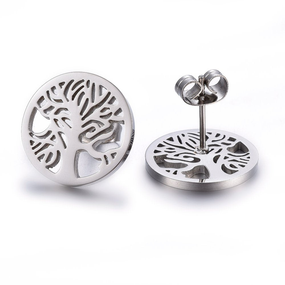 Tree Of Life Silver Stainless Steel Stud Earrings