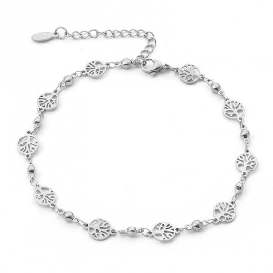 Tree Of Life Silver Stainless Steel Anklet