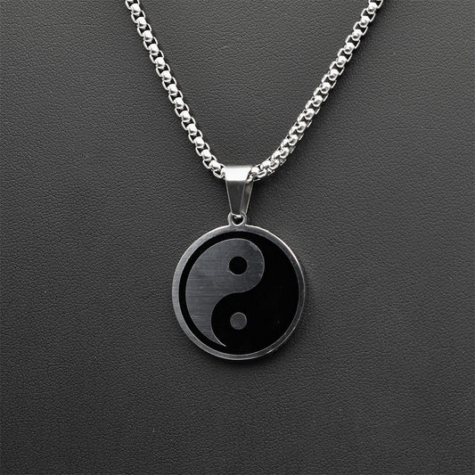Yin Yang Silver Stainless Steel Box Chain Necklace